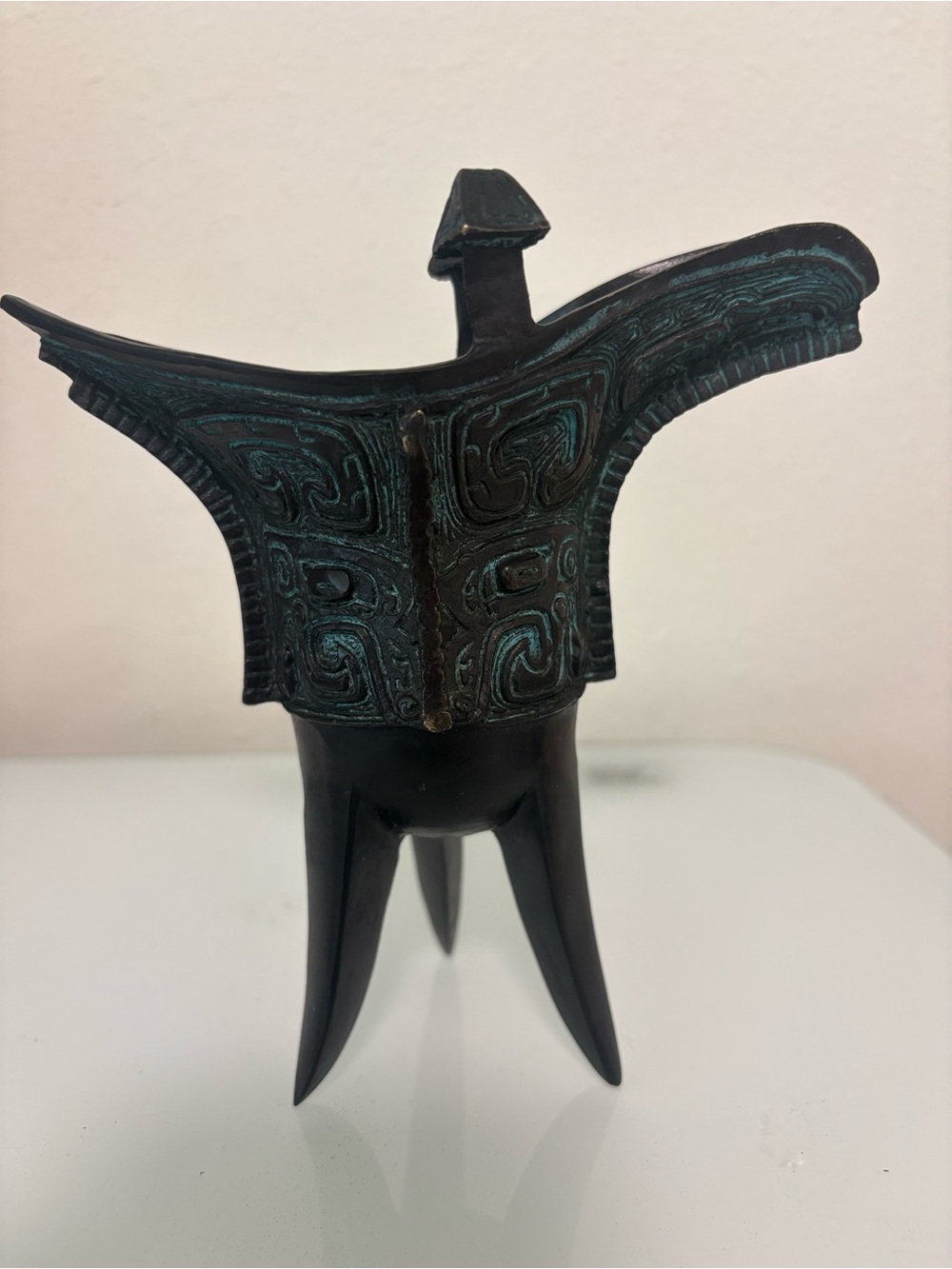 Vintage Decorative Bronze-Patina Tripod Vessel Sculpture - Green/Black